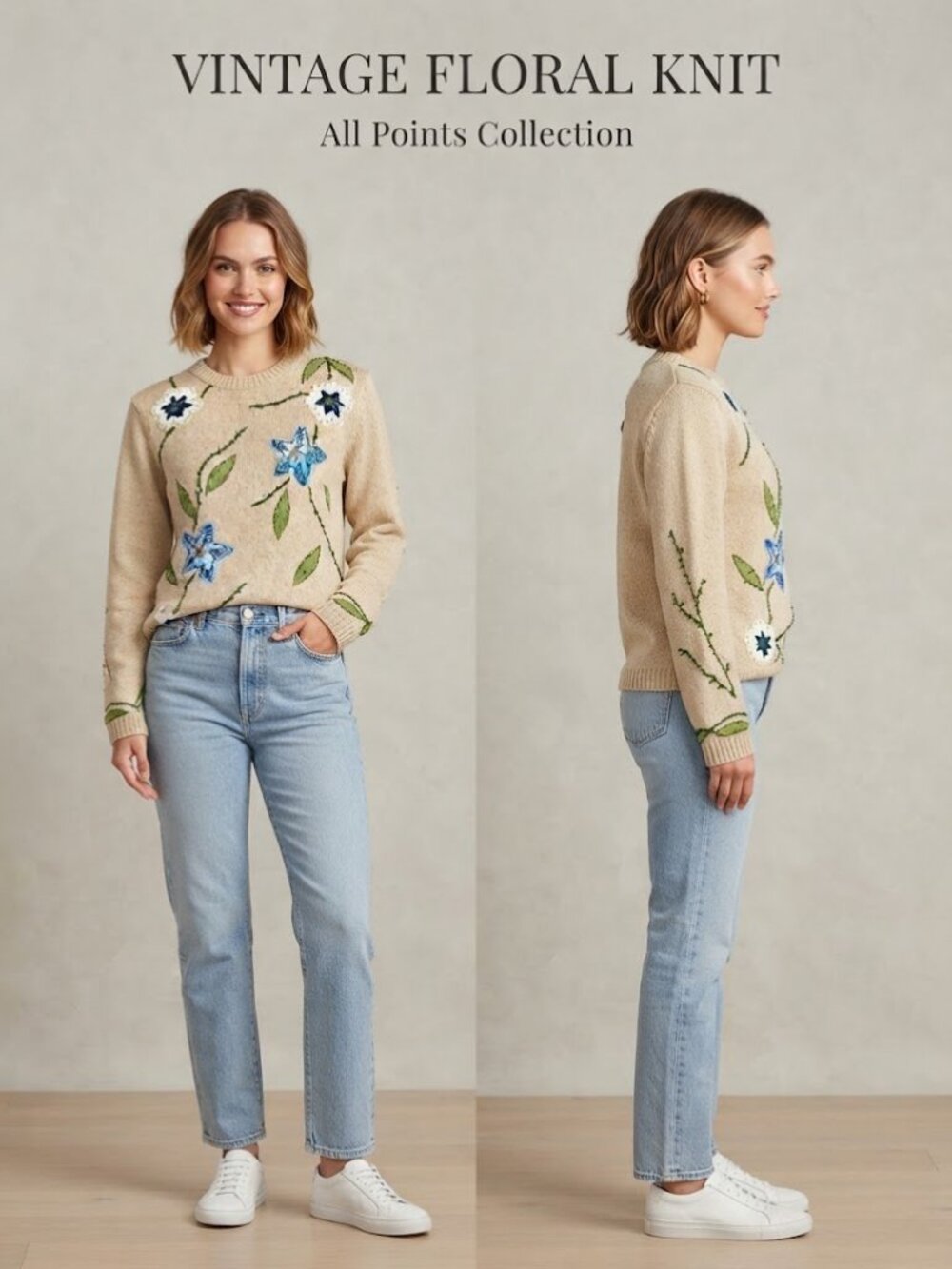 Vintage All Points Floral Patch Embroidered Beaded Ramie Cotton Sweater Small